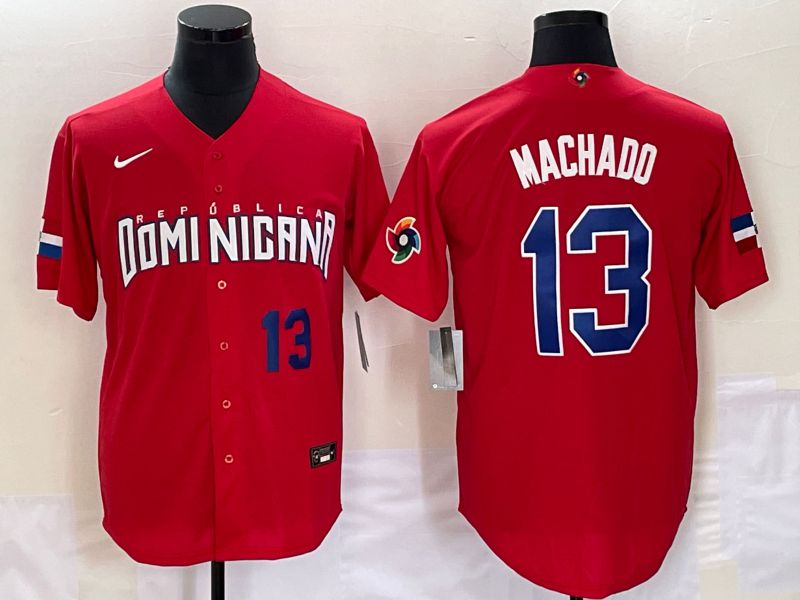 Men 2023 World Cub Dominicana 13 Machado Red Nike MLB Jersey
